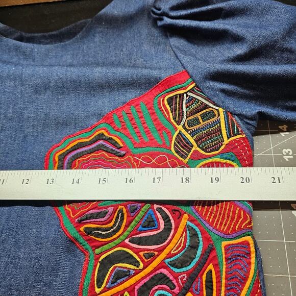 Vintage Denim Dress Womens Large Blue Embroidered Colorful Pleated Ruffles Boho - Picture 9 of 12